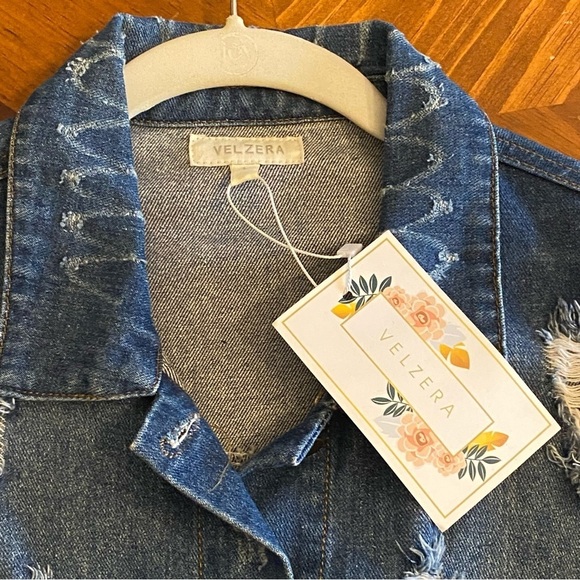Velzera Embroidered Floral Distressed Denim Jean Jacket Size L - NWT - Picture 6 of 16